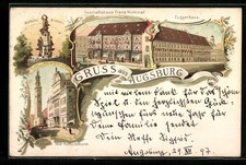 Lithographie Augsburg, Geschäftshaus Franz Hummel, Fuggerhaus, Rathaus m. Perla 