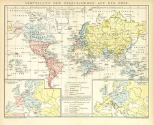 Staatsformen politische Weltkarte  Kolonien alte Landkarte Lithographie ca. 1892