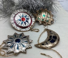 Alt Antik Christbaumschmuck Dresdner Pappe Beidseitig Stern Mond