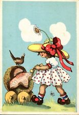 uralte AK, Motiv: Mädchen mit großem Sonnenhut fährt mit Puppenwagen spazieren