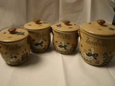 4x Vorrat Behälter Zucker Salz Mehl Zwiebel Topf und Schaufel neuwertig Deko