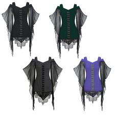 DE Damen Tops Fancy Dress Up T-Shirts Hexe Kostüm Gothic Bluse Leistung Kleid