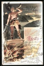 Lithographie Germane mit Lendenschurz bläst in Horn 1897 