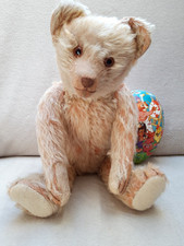 alter Teddy Bär antik, zweifarbig, helles Mohair, oranger Unterstoff, 20er Jahre