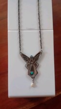Jugendstil Collier Libelle 925 Silber kleiner Opal,Saatperle,Türkis