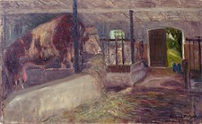 Öl-Gemälde Stier im Stall