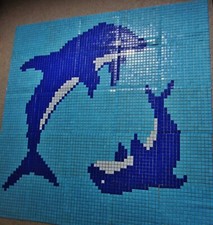 Mosaikbild Glas Mosaik, spielende Delphine, Fliesenbild 1,60x1,60 m  Bild Delfin