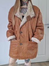 Vintage Mantel Lammfell Shearling Jacke Kurzmantel gefüttert Echtleder braun