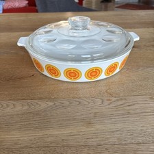 Pyroflam Electro Auflaufform Ofenform 70er Jahre Glasdeckel Orange Kreise Retro