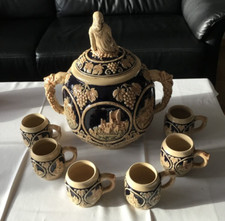 Antikes Bowle Set, Burgen Rumtopf, Keramik, Steingut mit 6 Bechern, beige/blau