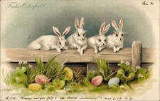 Litho Weiße Hasen, Ostereier, Ostern, Zaun - 4484330