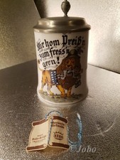 Original Kühr Bierkrug mit Zinndeckel - lustiges Motiv - Handarbeit mit Urkunde