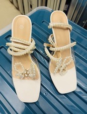 Elegant Damen Perlen Sandalen Sandaletten Pantoletten transparent Neuwertig