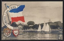 AK Kiel, Segelschiffe vor der Marineakademie, Rettungsring und Flagge 1912 