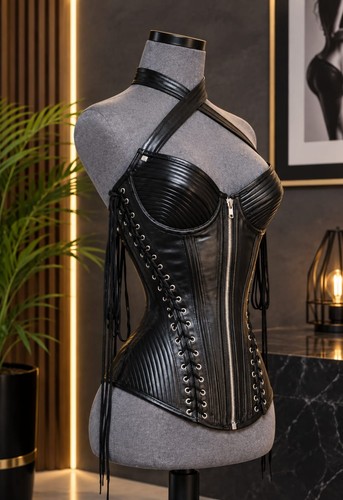 Black leather corset - leather, waist