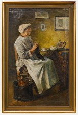 Gerahmtes Öl Aus Dem Späten 19. Jahrhundert - Ältere Frau Beim Stricken