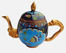 Cloisonne China kleine Teekanne H: 9,5 cm blau gold Fische Zellenschmelz Vintage