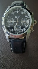 GFF Herrenuhr Edelstahlboden, Echtlederarmband Quarz, Chronograph schwarz/silber
