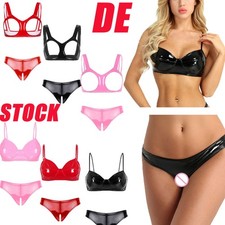 DE Damen Lack Leder Bh Set Bh Und String Spaghettiträger Push Up Bügel BH-Sets
