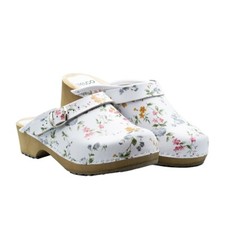 Blumen Schwedische Holzclogs aus Leder mit Schnalle niedriger Absatz geschlossen
