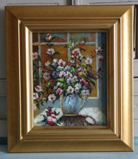 Öl Gemälde Ölbild Stillleben "Blumen in Vase" Holzrahmen in gold 38x33