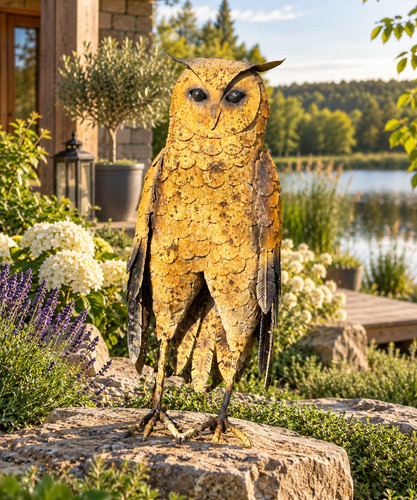 Gelbe eule gartenfigur metall - eule,