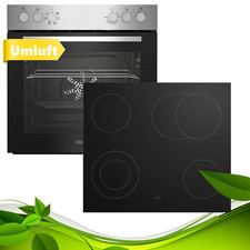 Herdset Umluft Herd mit rahmenlosen Glaskeramik Kochfeld 4 Zonen Bräterzone 