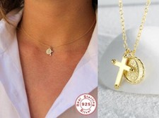 Damen Halskette Kreuz Jungfrau Maria Kreuzkette Sterling Silber 925 vergoldet