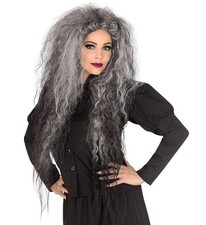 Perücke Hexe grau Langhaar grau schwarz meliert Karneval Fasching Damen Hallowee