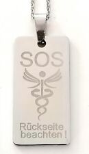 Edelstahl Anhänger Notfall ID Plakette SOS mit persönlicher Gravur Wunschtext