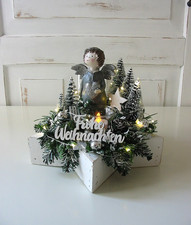 Adventsgesteck "Engel" Tischdeko Weihnachten Adventskranz Holzstern weiss LED