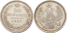 Russland 20 Kopeke 1855 Nikolaus I., 1825-1855   Original Münze #börsex556