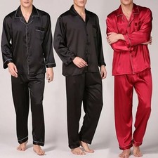2PCS Herren Seide Satin Schlafanzug Pyjama Satz Lang Arm Nachtwäsche