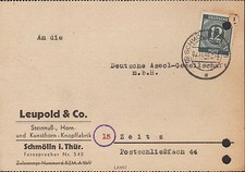 SCHMÖLLN, Postkarte 1946, Leupold & Co. Steinnuß-Horn-Knopf-Fabrik