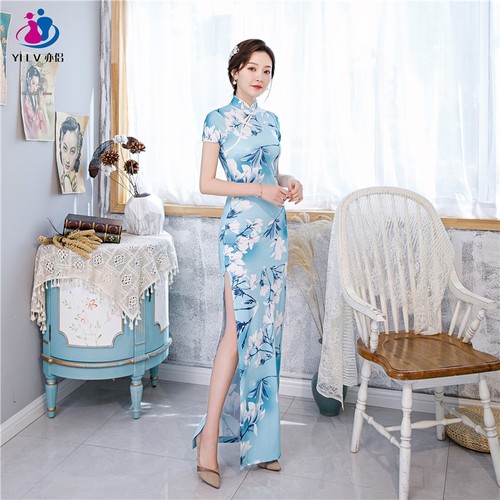 Himmelblau blumen qipao kleid - himmelblau,
