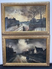 2 Ölgemälde Dorfszene am Abend bei Mondlicht 19. Jahrhundert