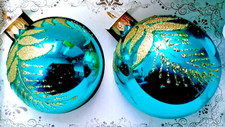 dekorative Glaskugel 2er Set Glaskugeln blau türkis gold handbemalt Christbaum