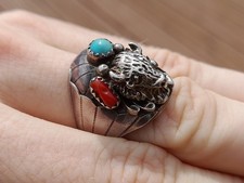 Navajo Sterling Ring Büffel Türkis Koralle Buffalo Indianerschmuck Silber Herren