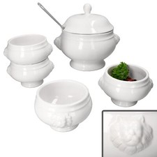 5tlg Set LEO Löwenkopf-Terrine mit & ohne Deckel 2L 0,45L weiß Suppen-Schale
