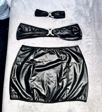 Sexy Party Set Outfit 3-teilig Kunstleder Minirock Bandeau Top Halsband