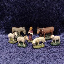 alte Krippenfiguren aus Gips, Gloria Engel, Ochse, Esel, Schafe, Weihnachten