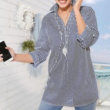 Damen Bluse Oberteil Langarm Kragen Sommer Gestreift Marine Gr. 44
