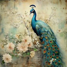 Wandbild Pfau Blumen Vintage