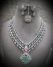 Indisches Bollywood Braut Set Versilbert Schmuck Ohrringe CZ Ethno AD Halskette