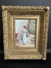 Gemälde Porzellanbild sign. Laure Lévy Frankreich antik Frau Körbe Goldrahmen