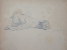 Rücklinks liegender Frauenakt - Nachlass Hans Strohofer Bleistift-Zeichnung 1907