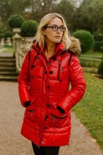 Navahoo Glanznylon Steppmantel XL rot Vintage- Look mit Fellkapuze