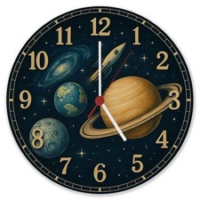 Sterne Weltraum Raketen Wanduhr aus Alu mit Planeten Motiv