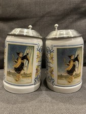 2 Bierkrüge Aus Porzellan mit Zinndeckel mit Motiv zur Jahrtausendwende