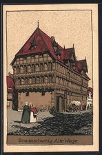 Steindruck-AK Braunschweig, Alte Wage, Pferdekutsche 1918 